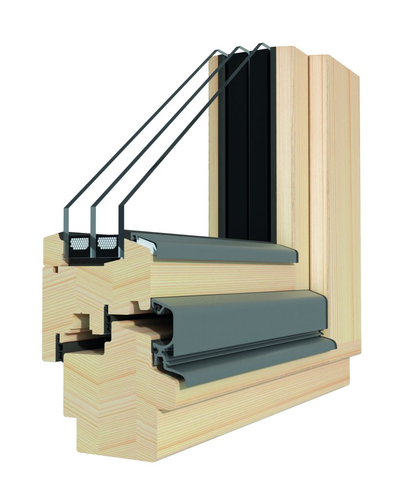 Schnittdarstellung eines Holzfensterprofils mit Holzrahmen und Verglasung