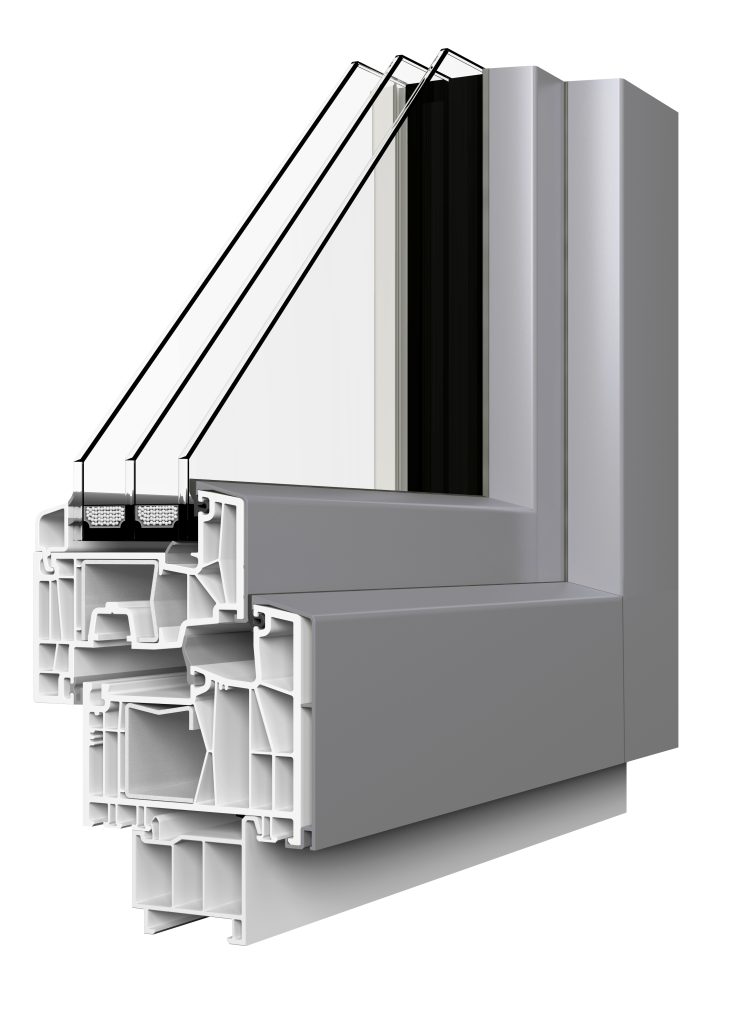 Schnittdarstellung eines Kunststoff-Alu-Fensterprofils mit Mehrkammerrahmen und äußerer Aluminiumschale