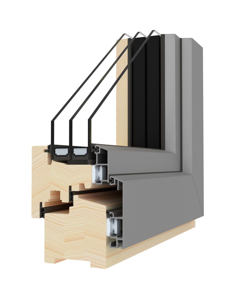 Schnittdarstellung eines Holz-Alu-Fensterprofils mit Holzrahmen, äußerer Aluminiumschale und Verglasung